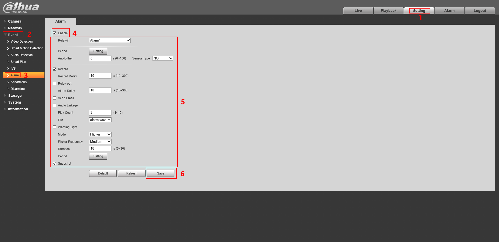 How to set the alarm output and the alarm delay time on cameras Dahua